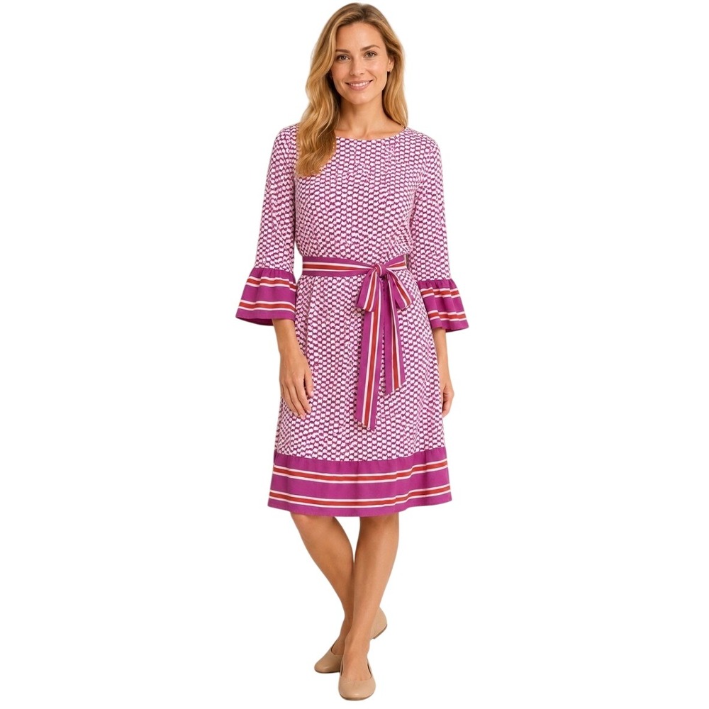 Boden Pink White Geometric Print Bell Sleeve Tie Waist Dress US 12R UK 16R